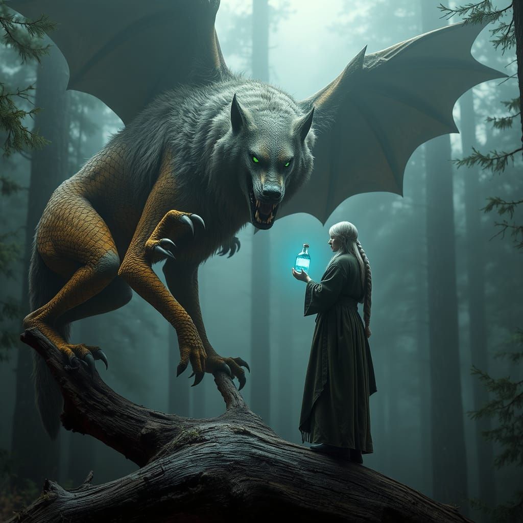 Golden Beast Confronts Silver Scholar in Ancient Forest