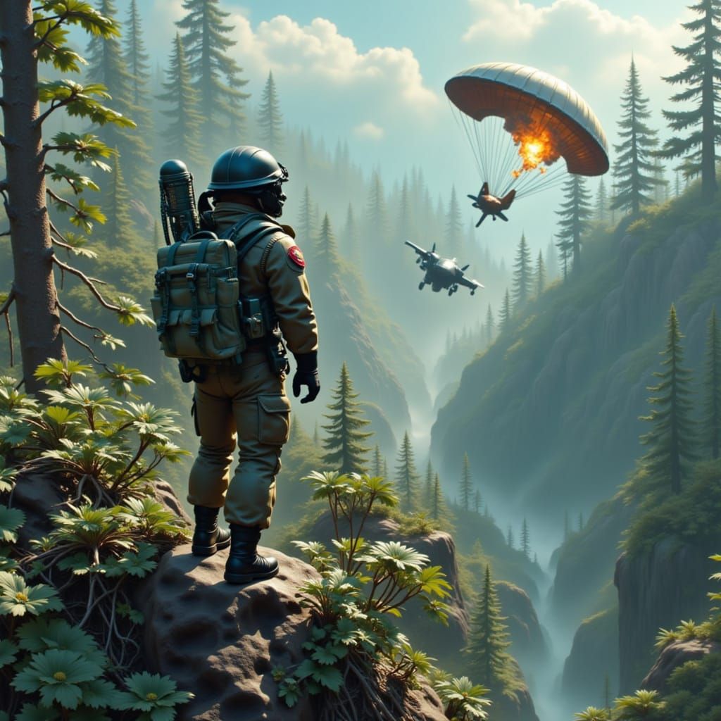 1968 G.I. Joe Parachutes from Burning Plane Over Foggy Fores...