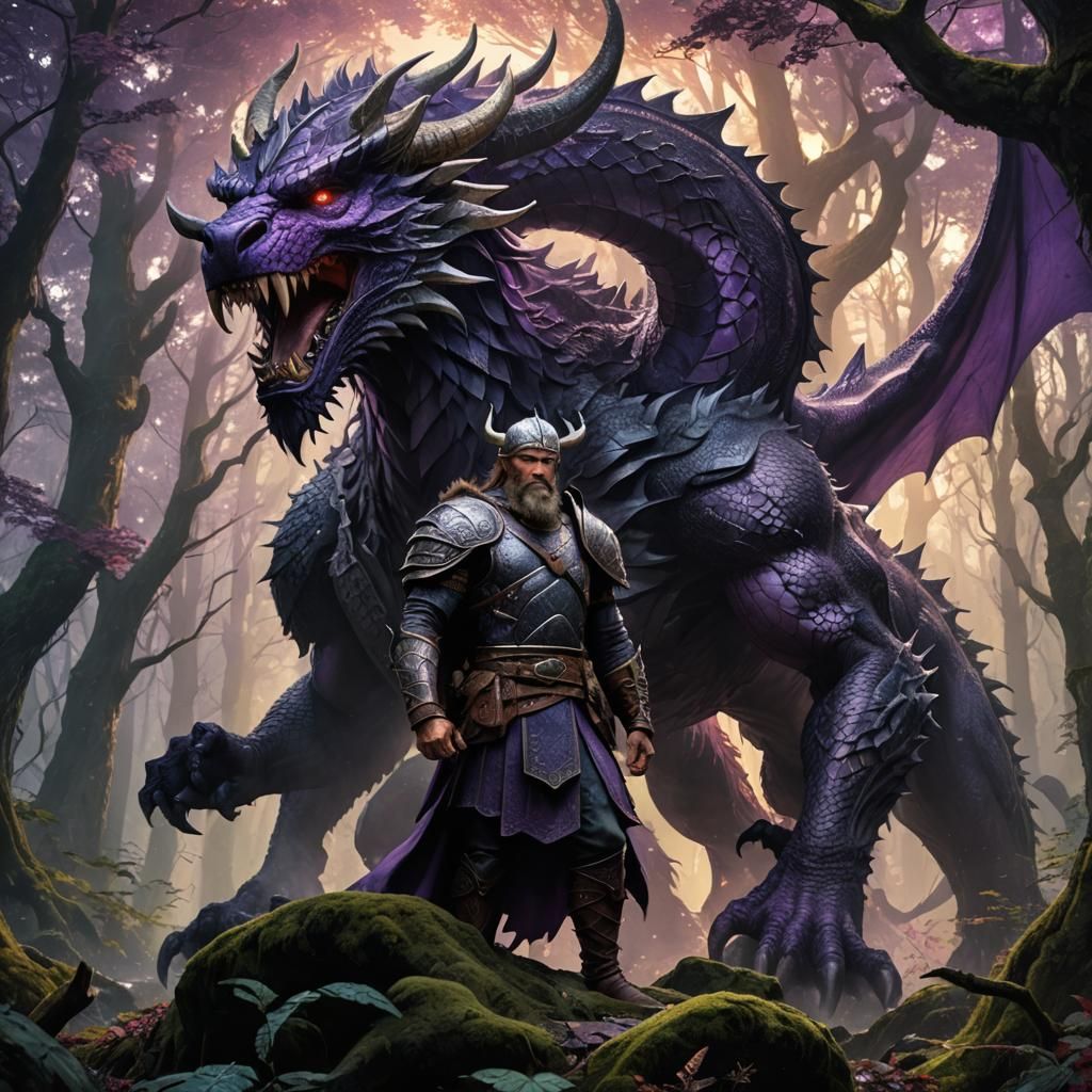 Viking Warrior and Dragon in Mystical Forest