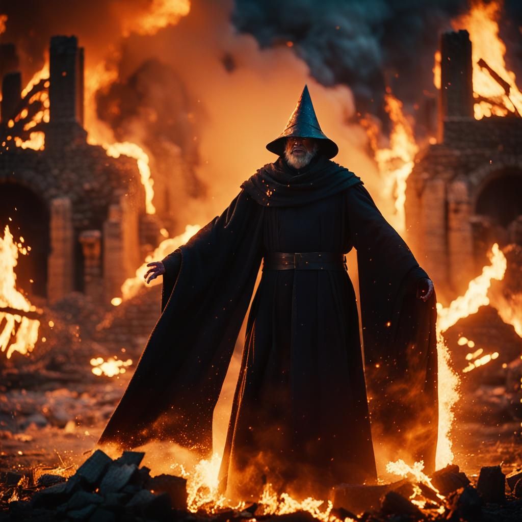 Dark Wizard Amidst Burning Ruins in Cinematic Style