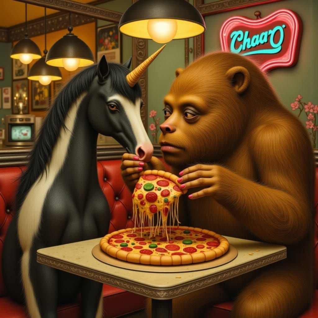 Unicorn and Sasquatch Share Pizza, Rockwell Style