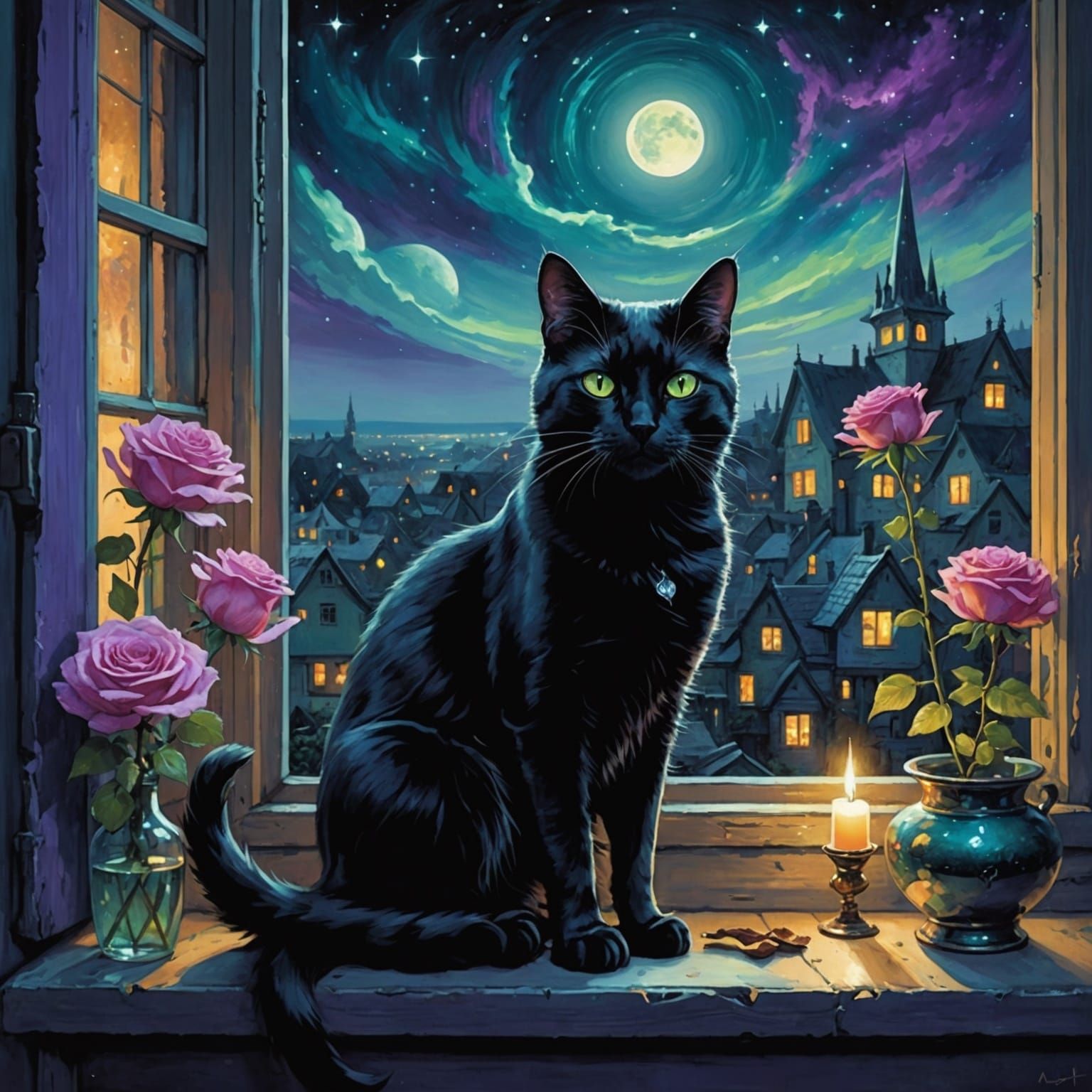 Magical Cat with Glowing Eyes in Mythical Village