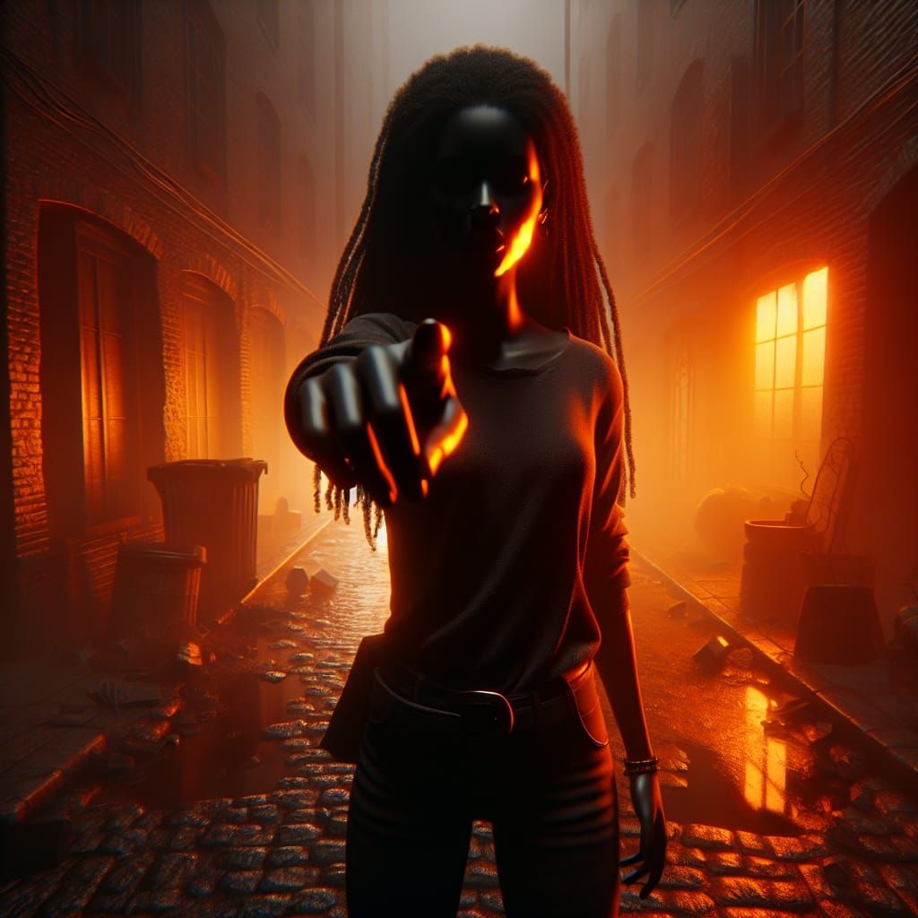 Ominous Woman with Glowing Eyes in Misty Alley