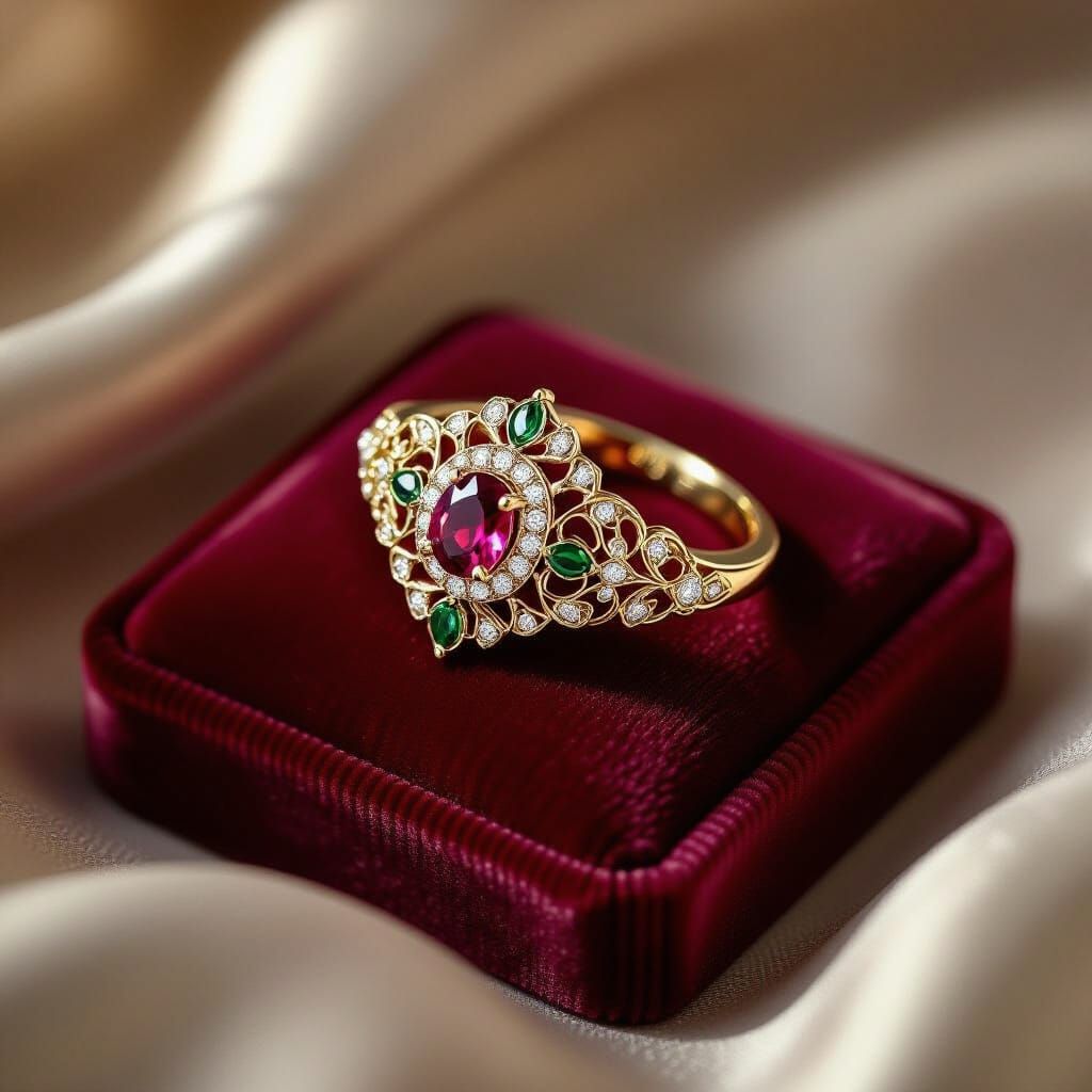 Ornate Gemstone Ring on Velvet Pillow