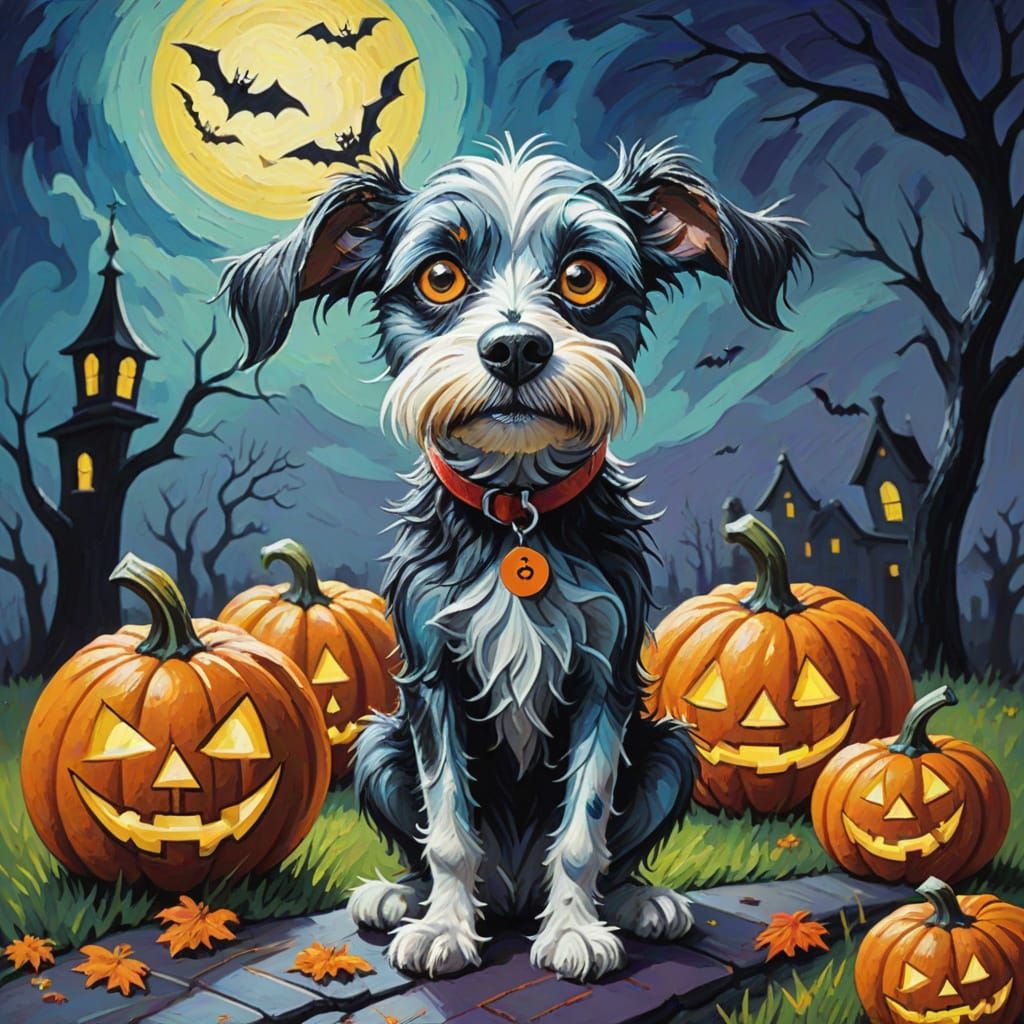 Halloween Dog Portrait in Expressive Impasto Style