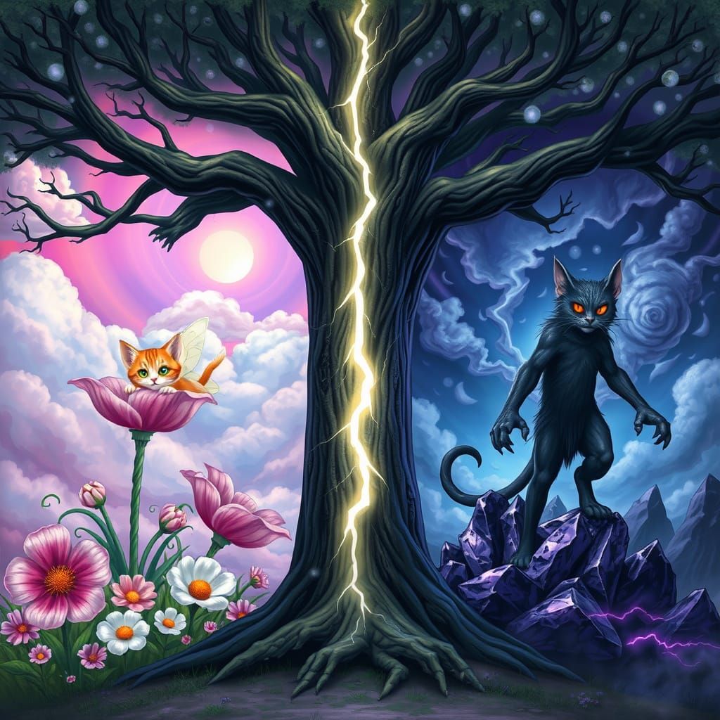 Cat Fairy and Goblin Worlds in Split Tree