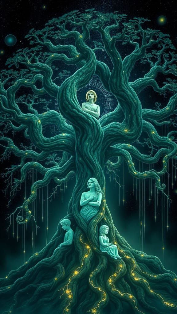 Surreal Family Tree in Ethereal Blackness with Glowing Runes...
