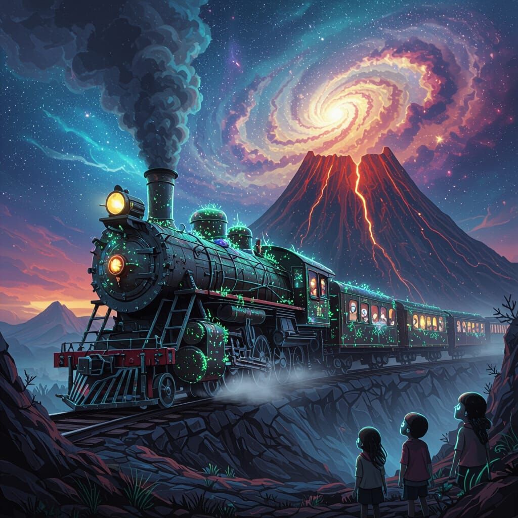 Ancient Train Emerges from Stardust Volcano in Surreal Conce...