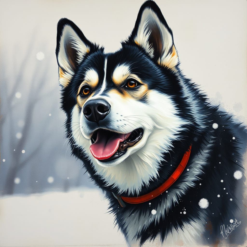 Husky Sled Dog in Snow: Hyperdetailed Charcoal Drawing
