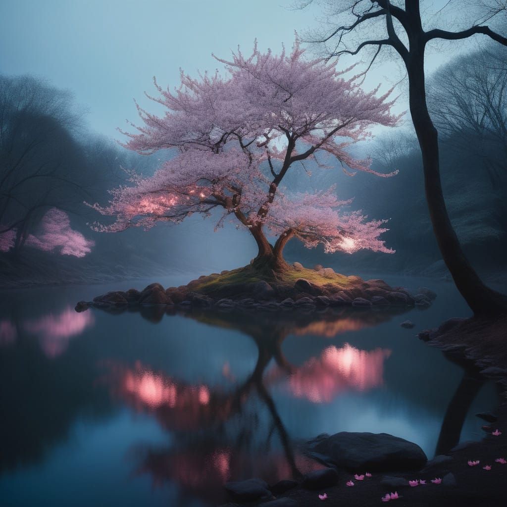 Surreal Cherry Blossom Oasis in Neon Dreamscape