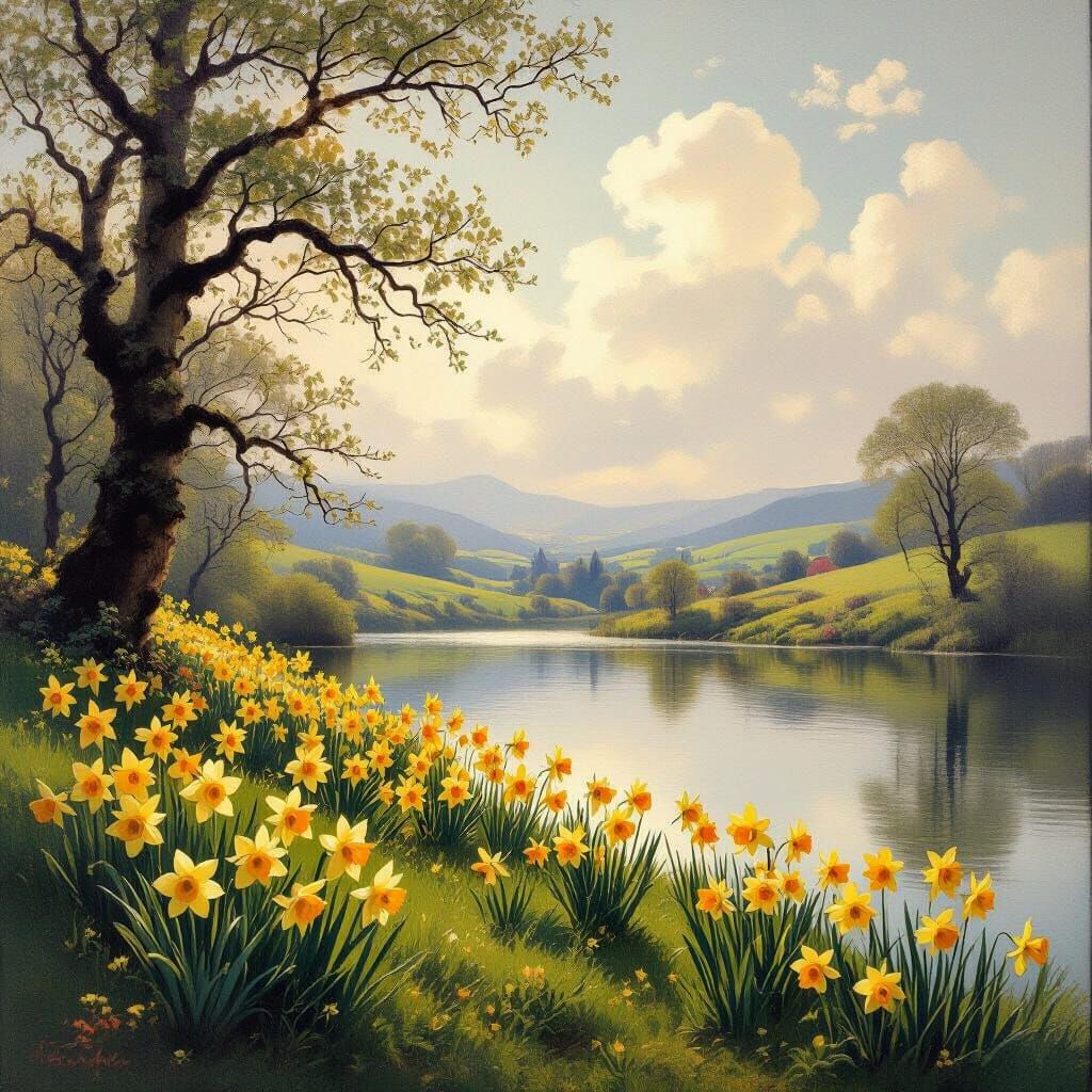 Ethereal Cloud Meets Golden Daffodils in Romantic Oil Painti...