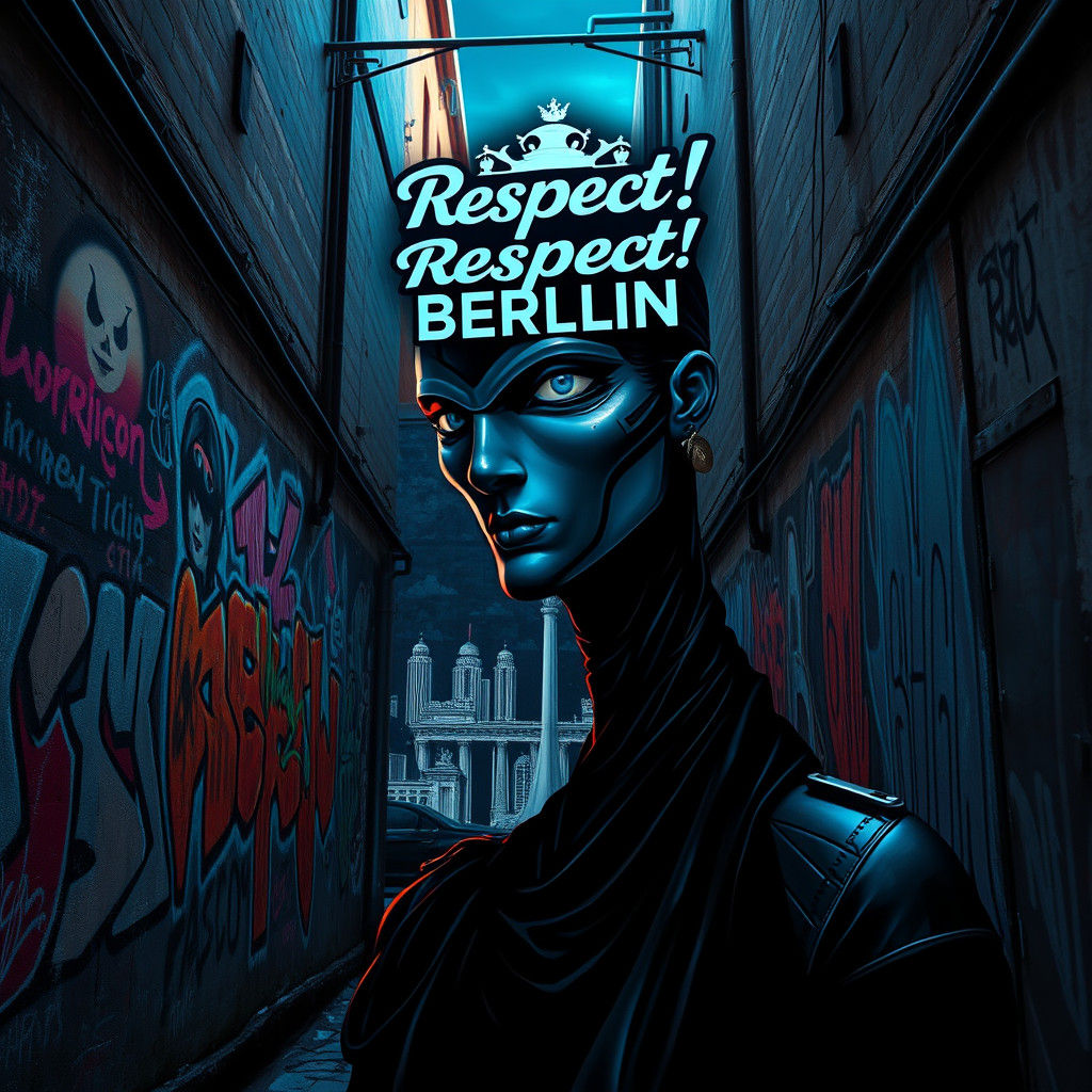 Berlin Alley Mural: Futuristic Crone in Street Art Style