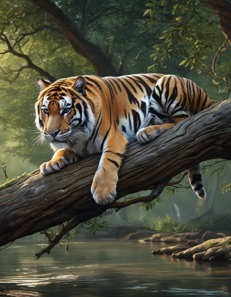 Relaxed Cat-Tiger Contemplates River View