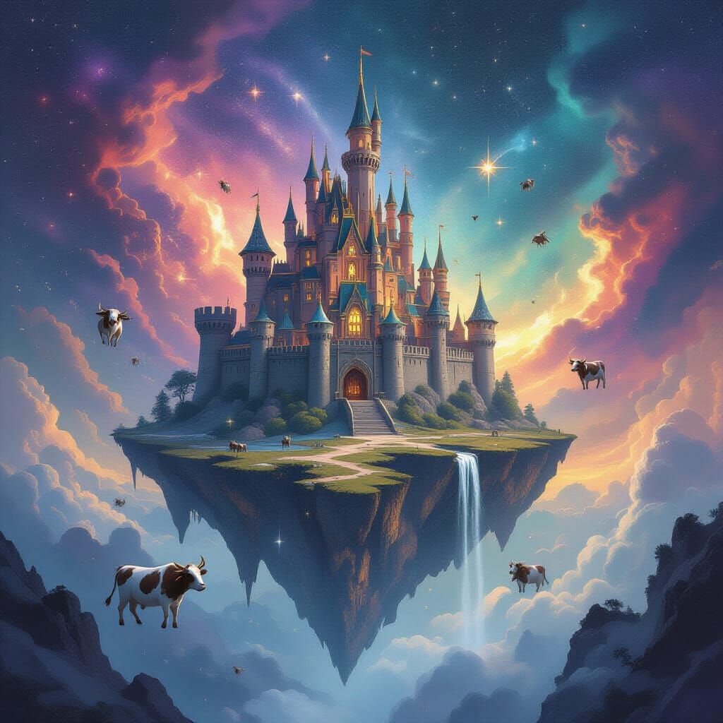 Ancient Castle on Floating Island in Cosmic Void