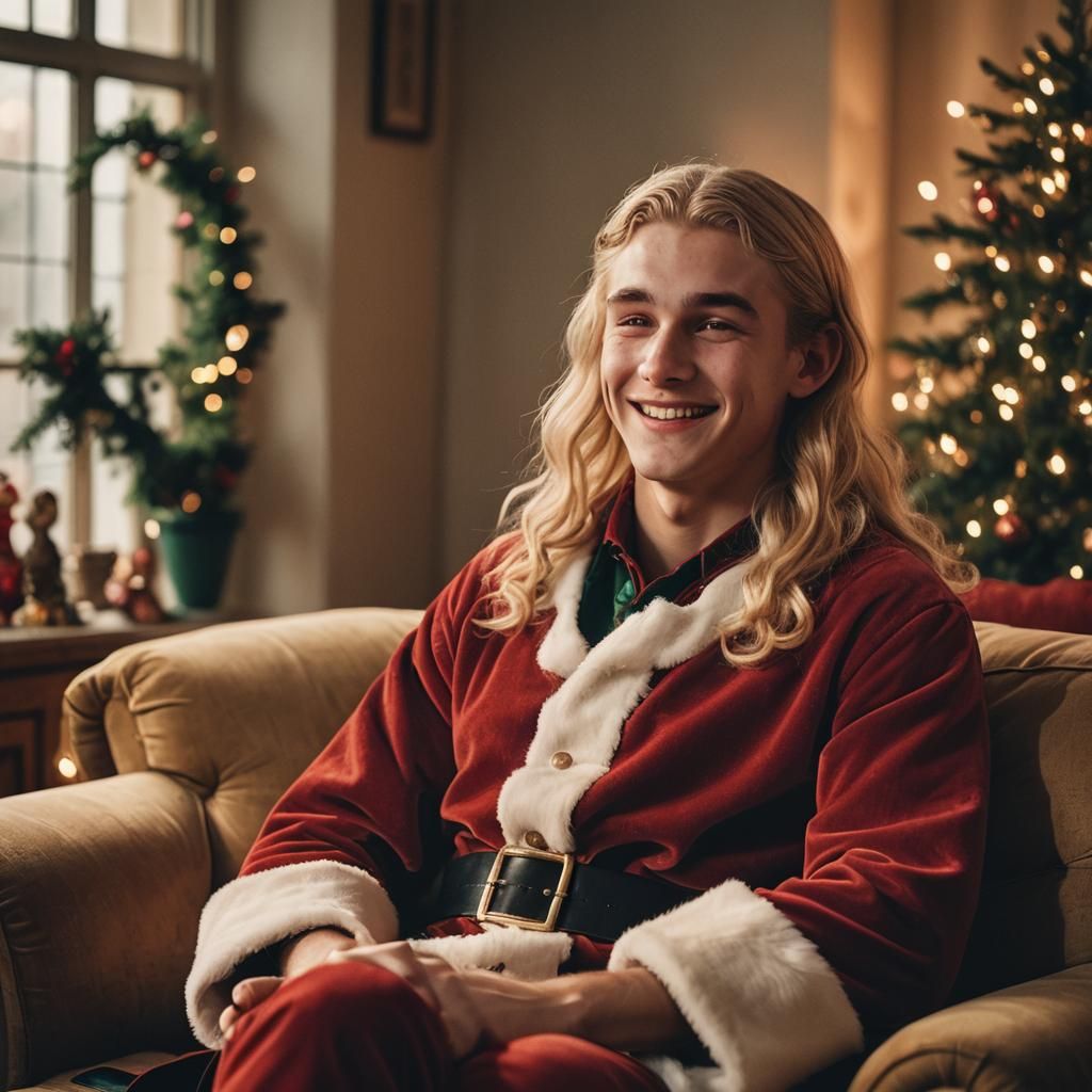 Youthful Santa's Helper in Vibrant Red and Green