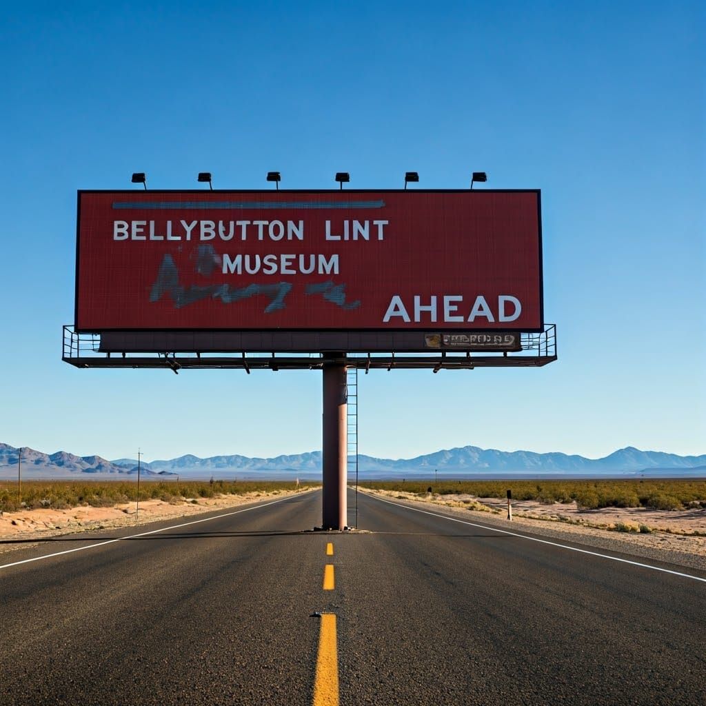 Desert Billboard Sign Reads Bellybutton Lint Museum Ahead