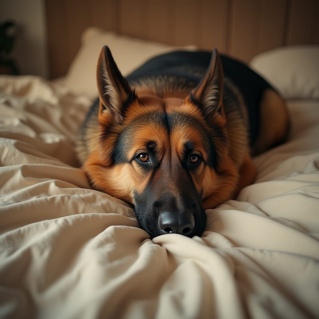 Cozy Canine Serenity on a Plush Duvet