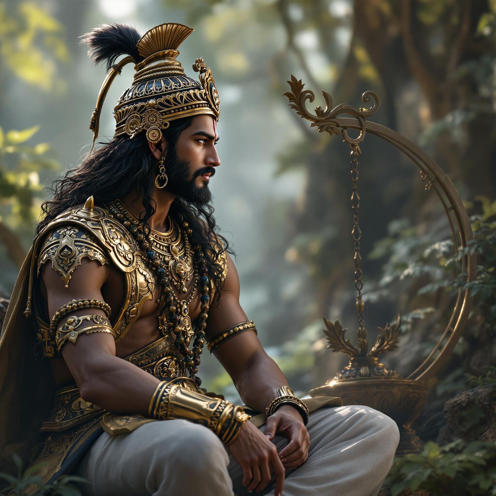 Majestic Warrior Prince in Ornate Armor, Beside the Sage Kri...