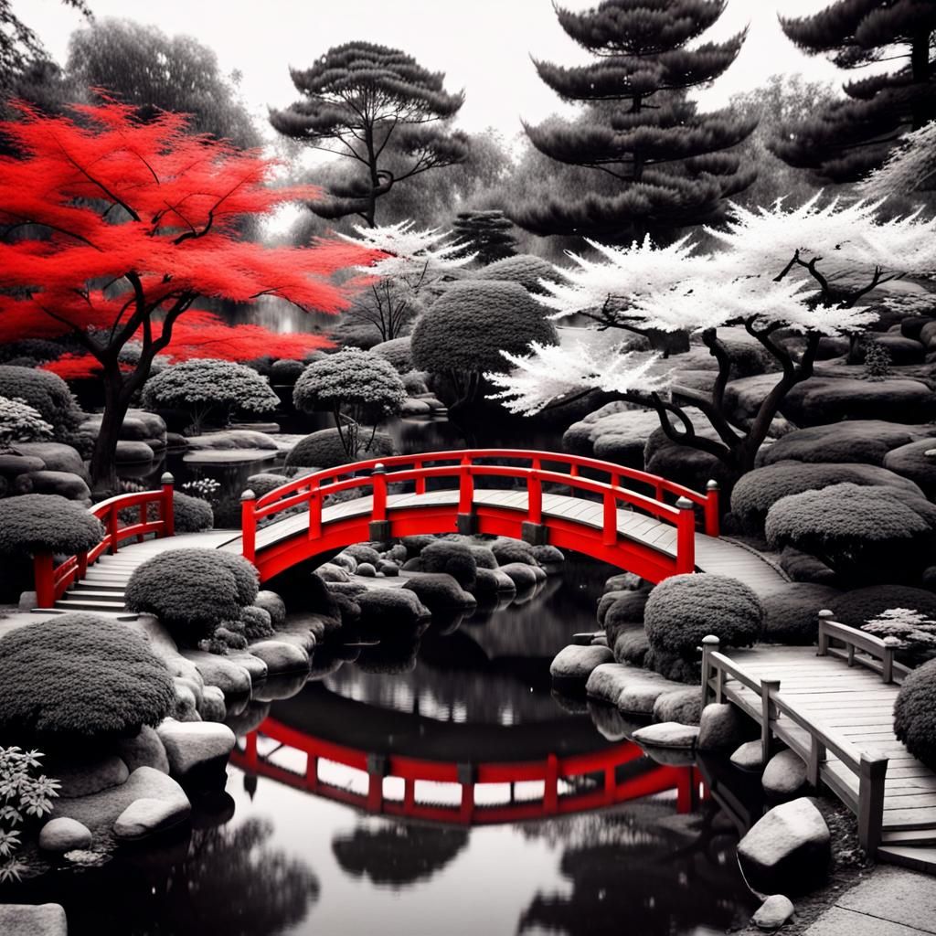 Monochrome Japanese Garden with Red Bridge Splash Art