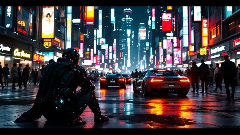 Dystopian Future: Cyborg Beggar in Cyberpunk Cityscape