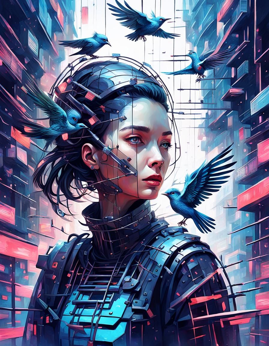 Cyberpunk Woman with Caged Bird in Futuristic Style
