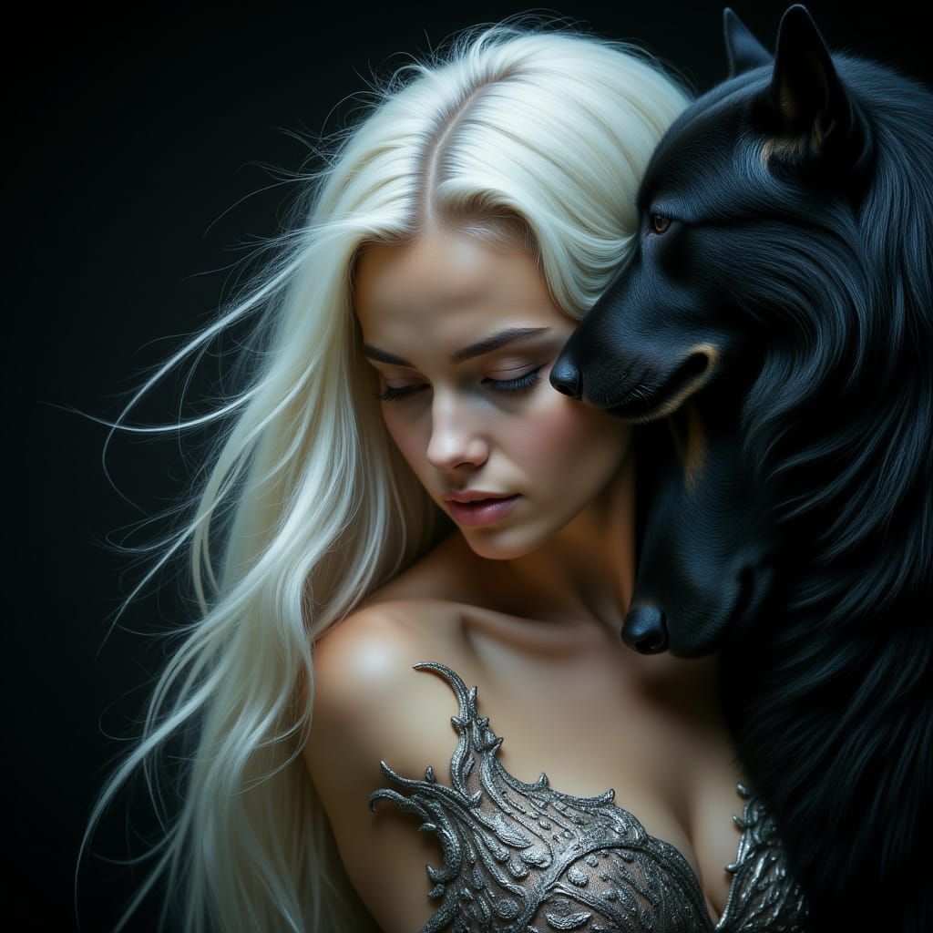 Woman Resting Head on Panther with Ornate Attire