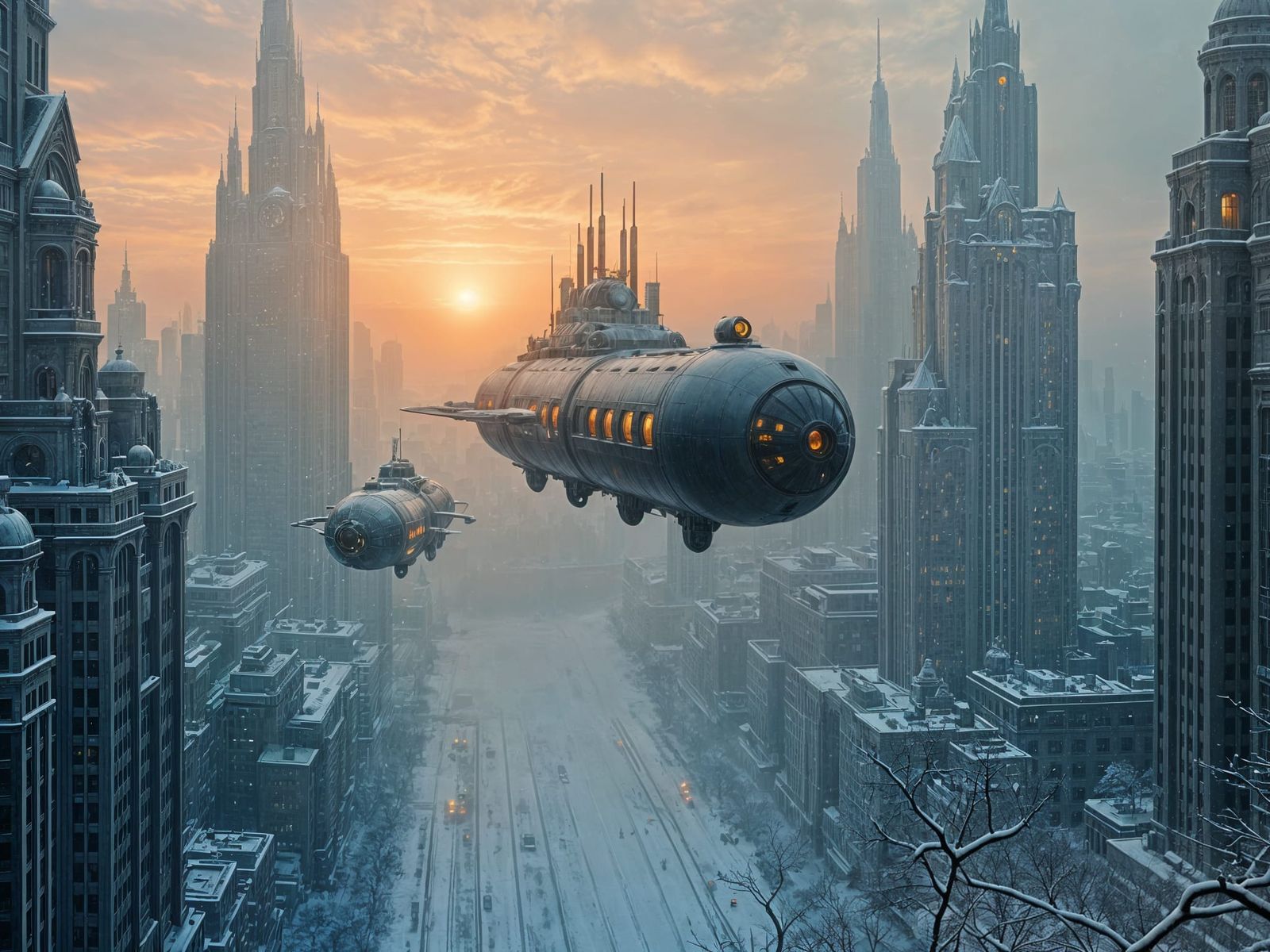 Epic Icepunk Cityscape at Dawn