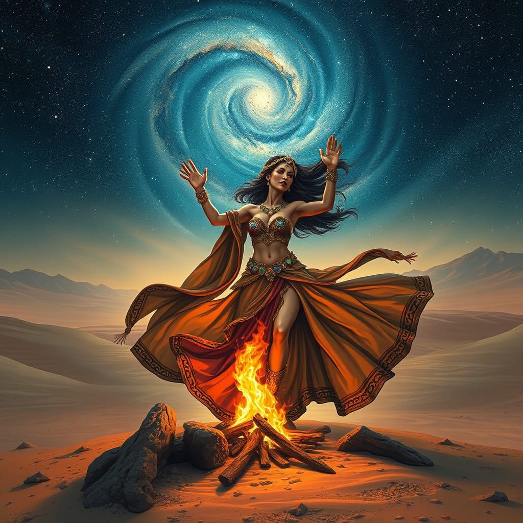 Surreal Goddess Dances Under Desert Stars