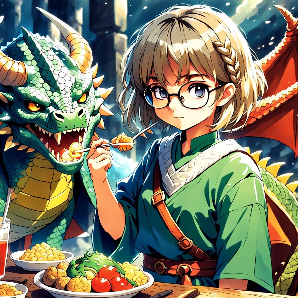 Cute Viking Woman Feeds Dragon in 80s Anime Style