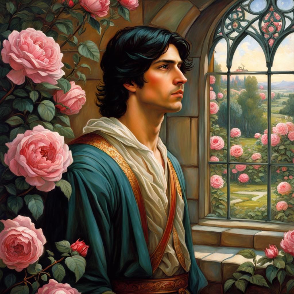 Medieval Man in Rose Garden, Waterhouse Style