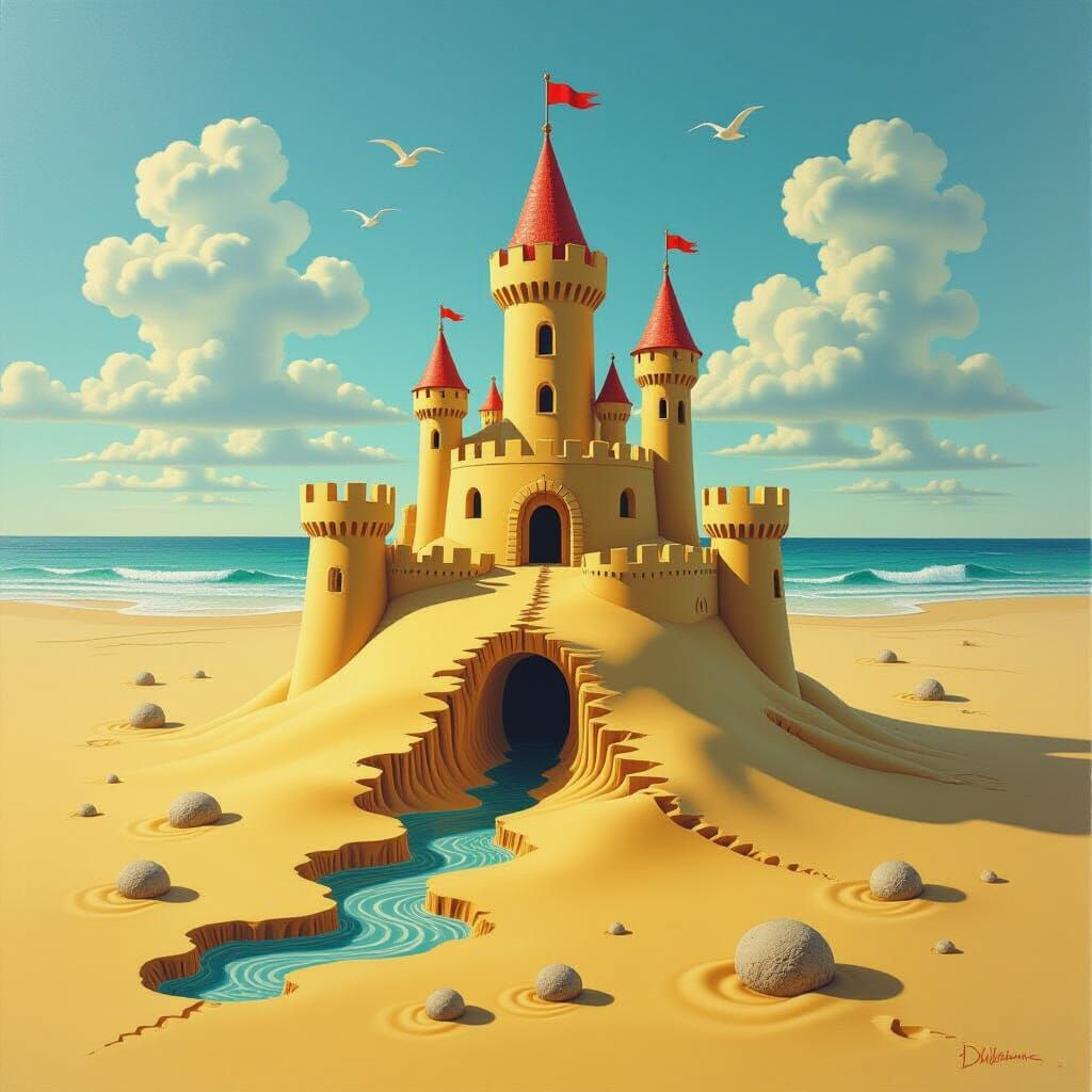 Surreal Melting Sandcastle in Oil on Canvas Style
