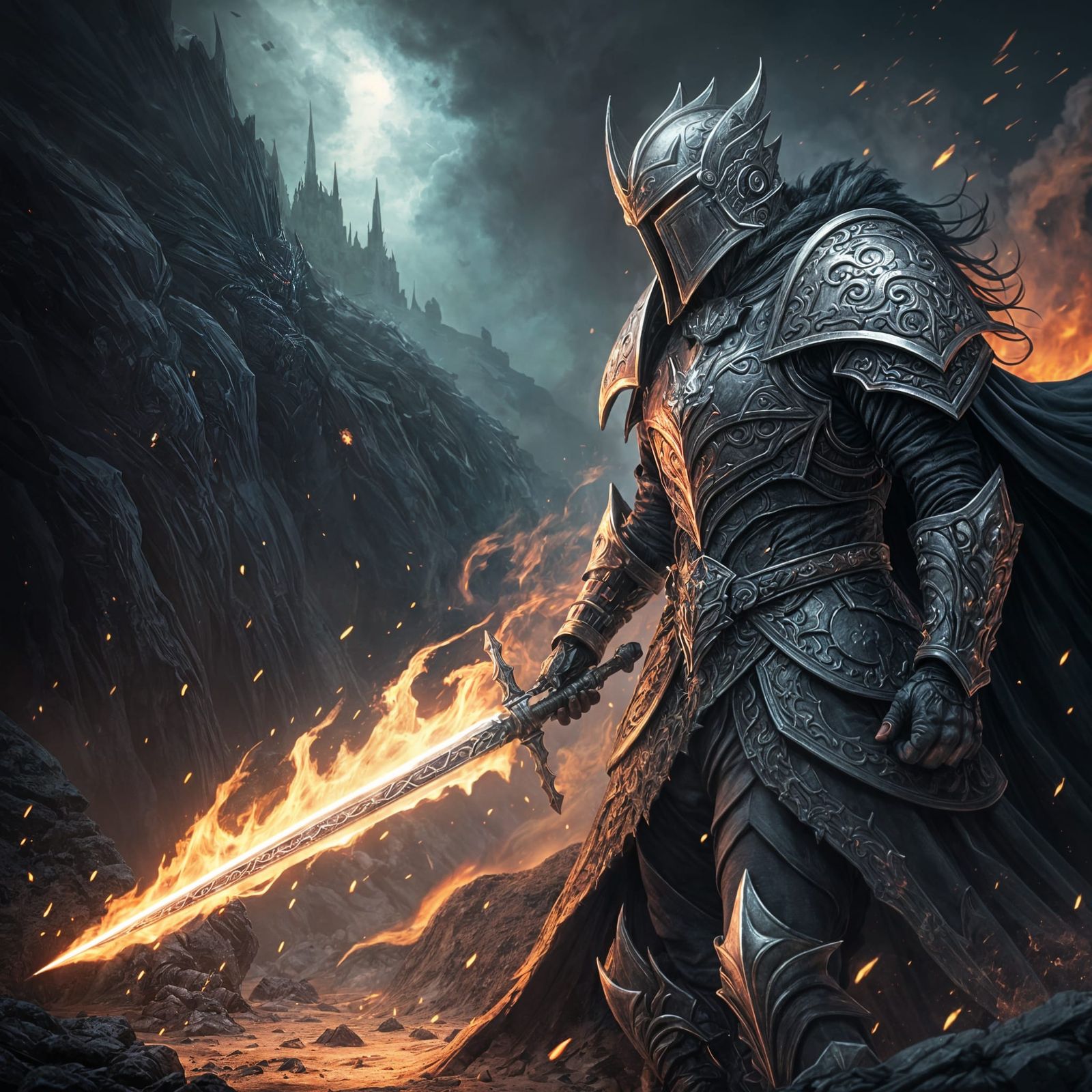Majestic Black Knight with Flaming Sword