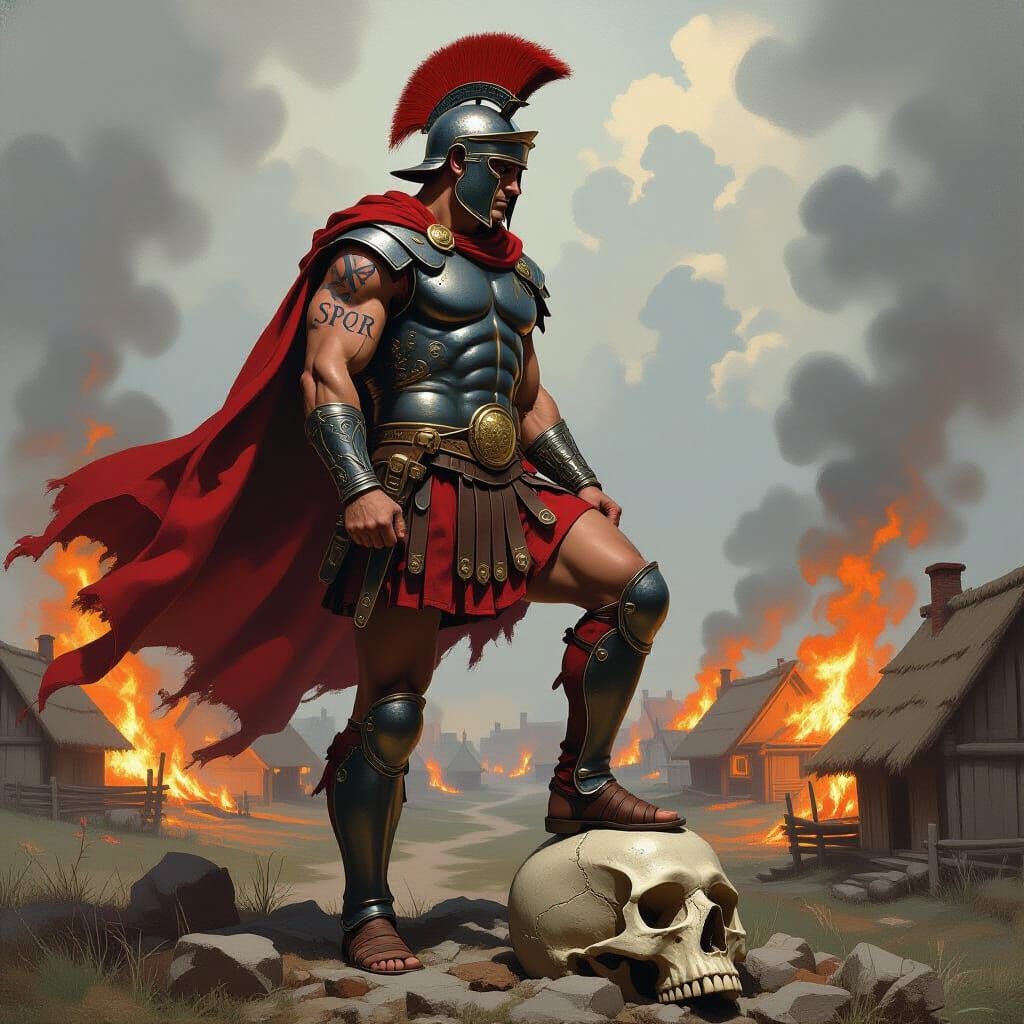 Victorious Roman Soldier Overlooks Burning Village