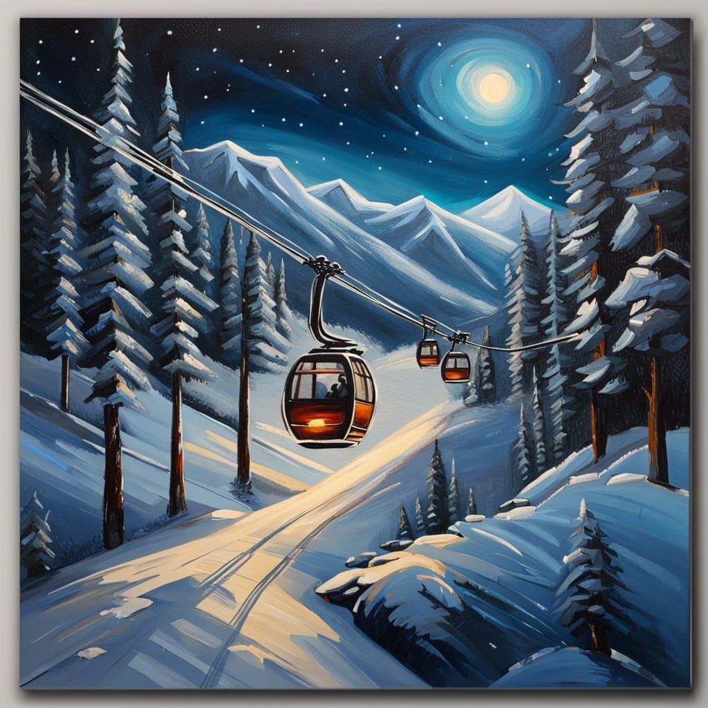 Ski Resort Gondola at Night as Chrome Oil Painting