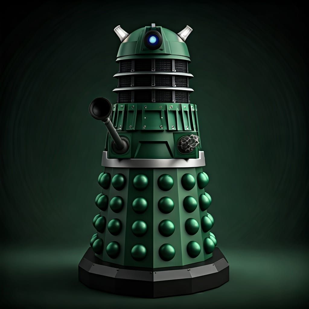 Green and Black Dalek in Industrial Landscape