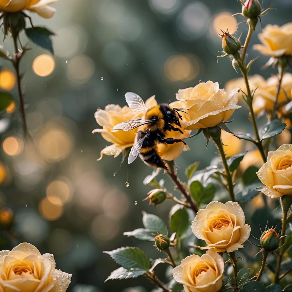 Bumble Bee Nectaring on Yellow Rose: Macro Photography