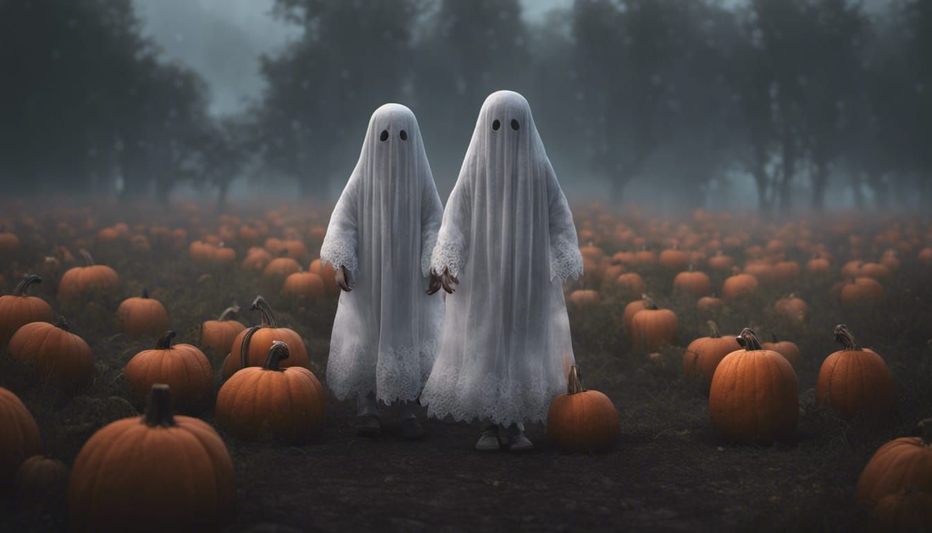 Sisters as Ghosts in Foggy Pumpkin Field