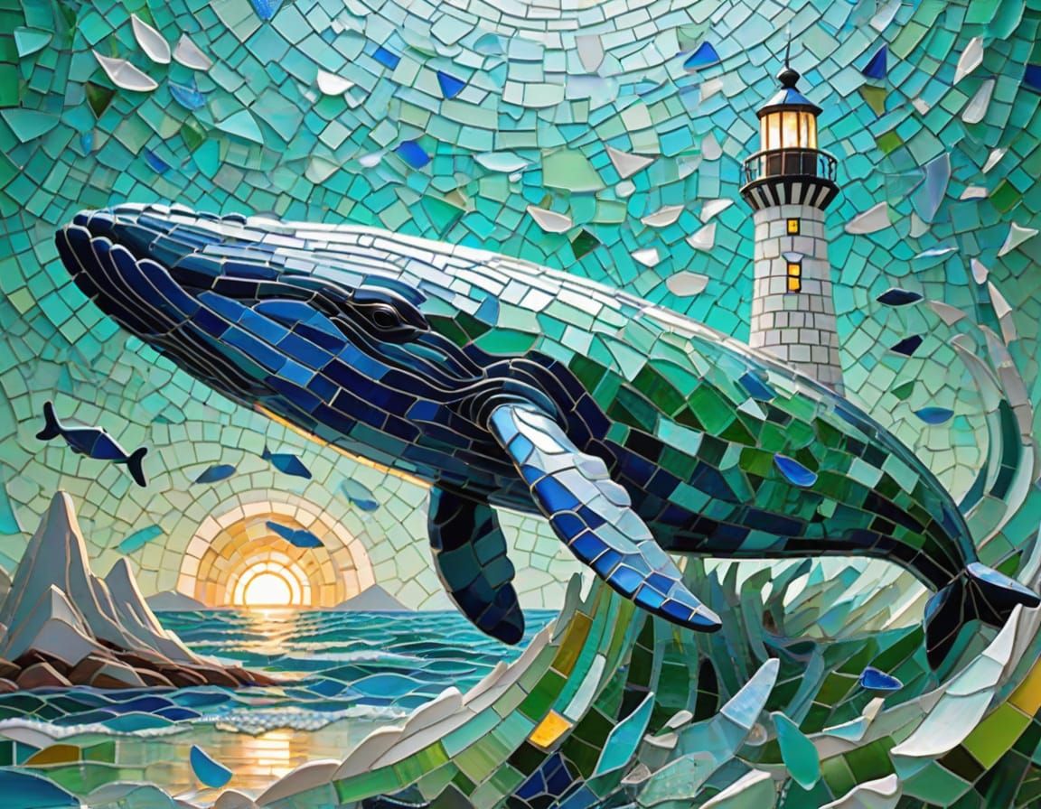 Glass Art Whale Breaching in Fragmented Sea