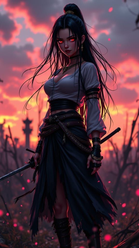 Samurai Woman on Dusk Battlefield