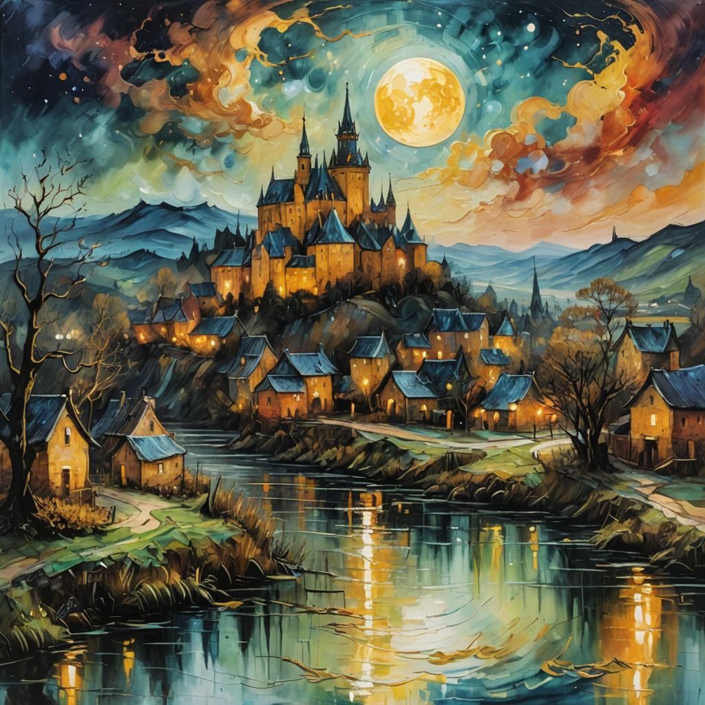 Mystical River Village Under Moon in Impressionist Style