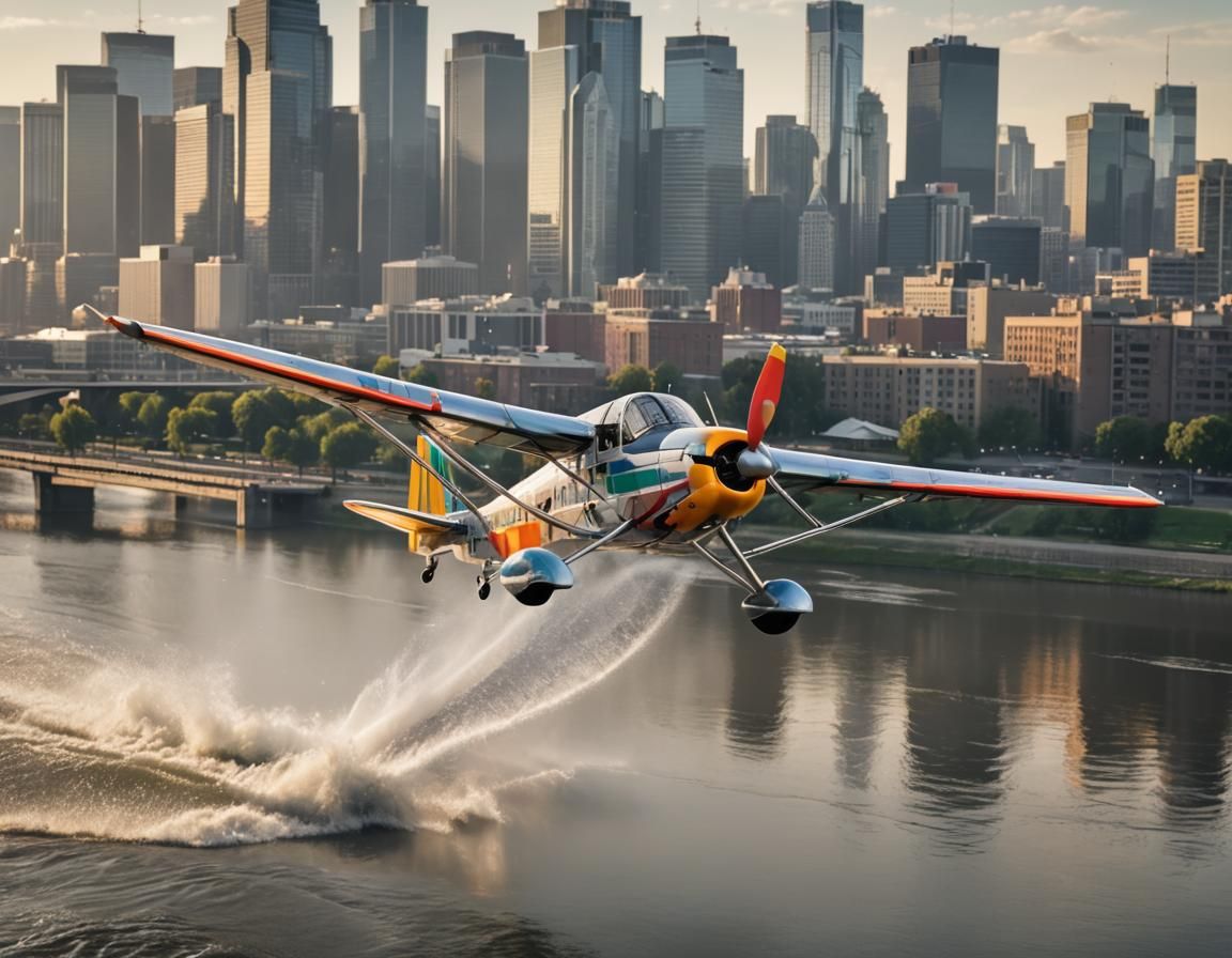 Small Plane Flies Low Over River at Dawn