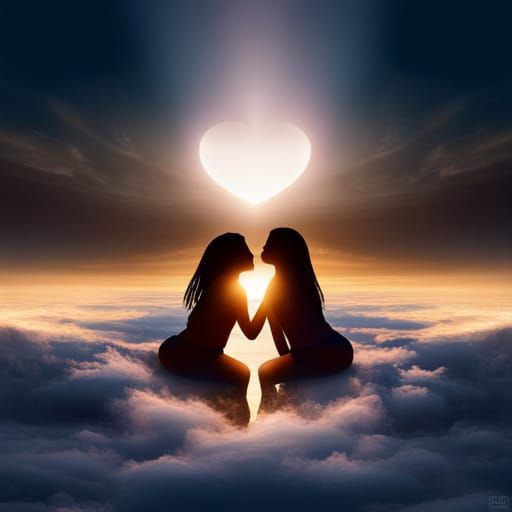 Girls Kissing on Cloud at Twilight