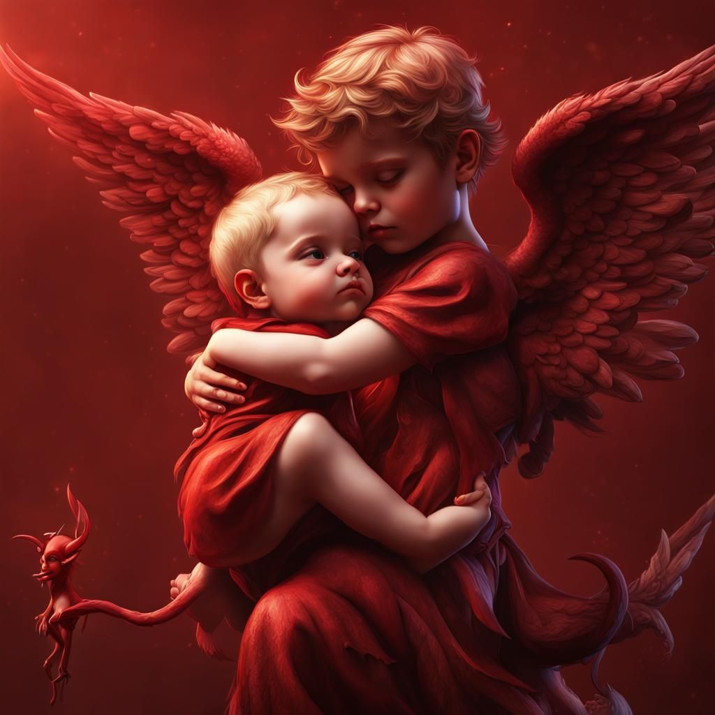 Cupid and Devil Embrace in Flight: Fantasy Art