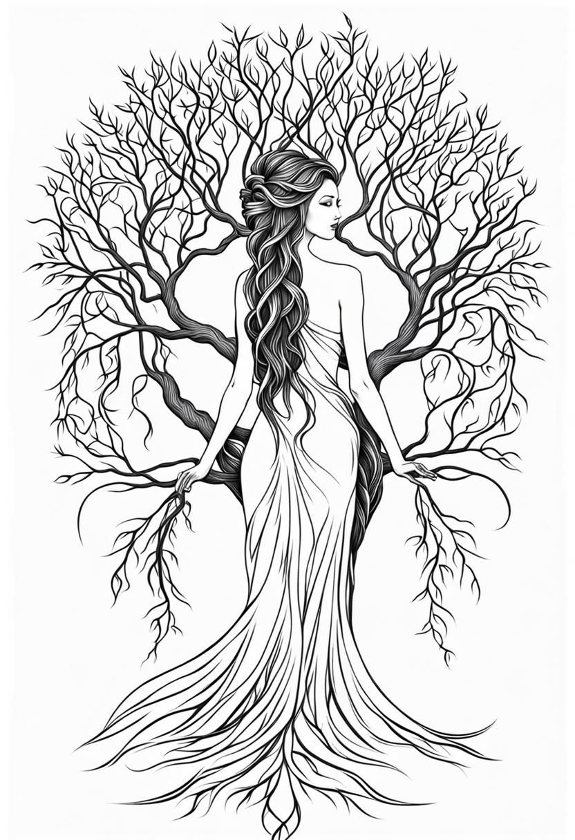Willow Dryad Line Art Tattoo Design