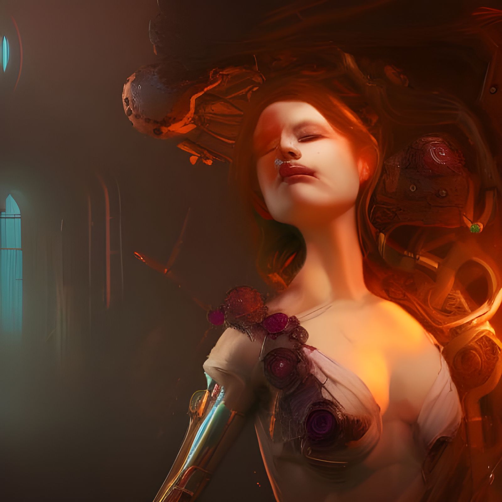 Damaged Mechanical Woman in Detailed Matte Painting