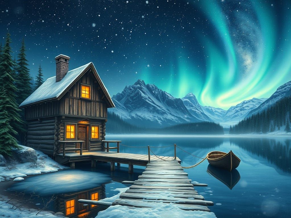 Winter Lake Scene with Aurora