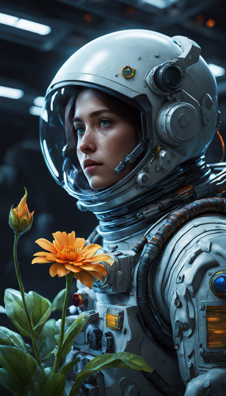 Astronaut Finds Flower in Starship Reactor, Hyperrealistic