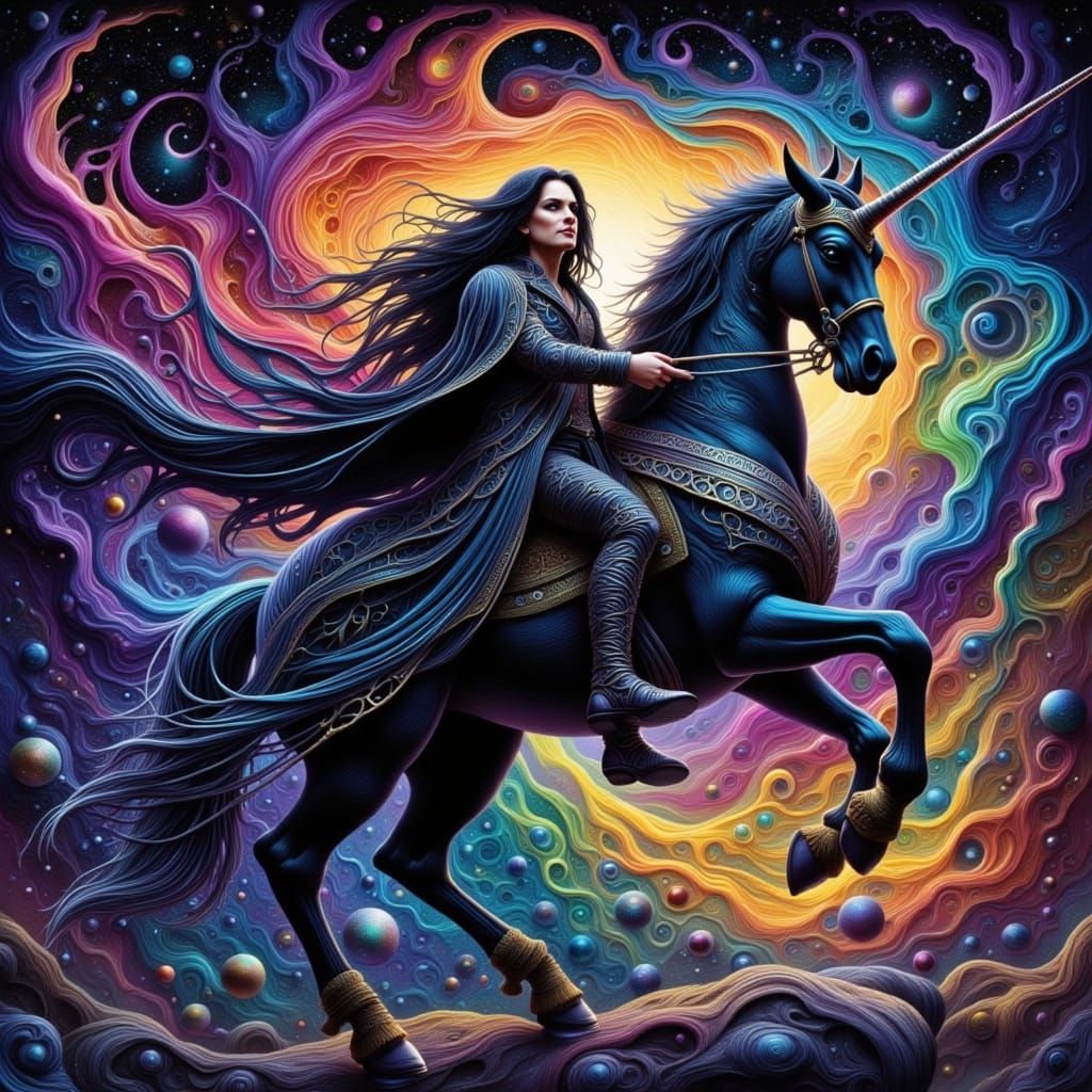 A Dark Knight Rides a Rainbow Unicorn Under the Cosmos