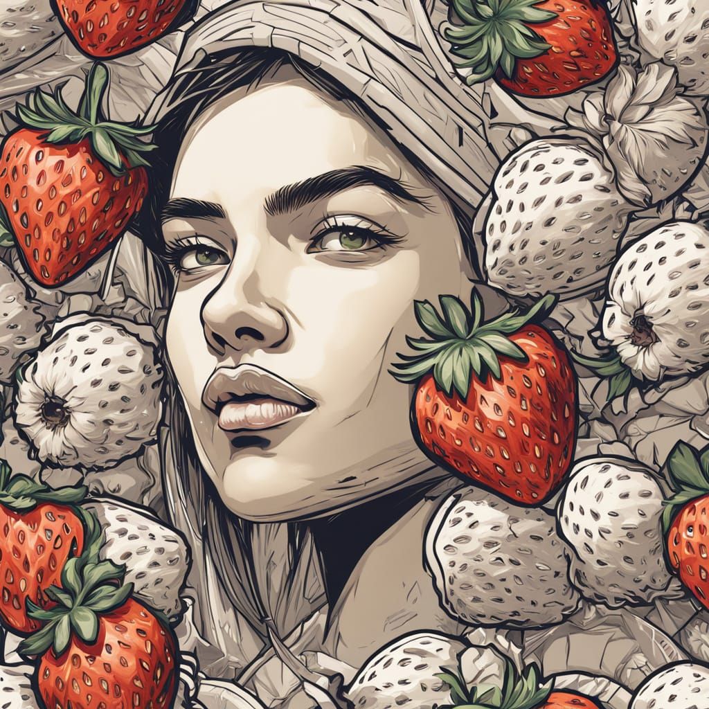 Comic Book Woman Savoring Juicy Strawberries at Sunny Festiv...