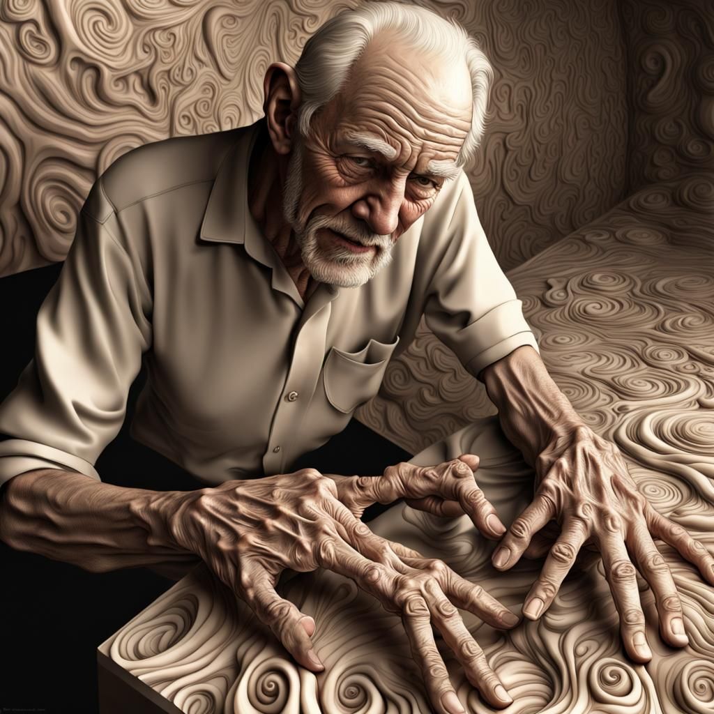 Surreal Old Man Made of Hands: 3D Photorealistic Art